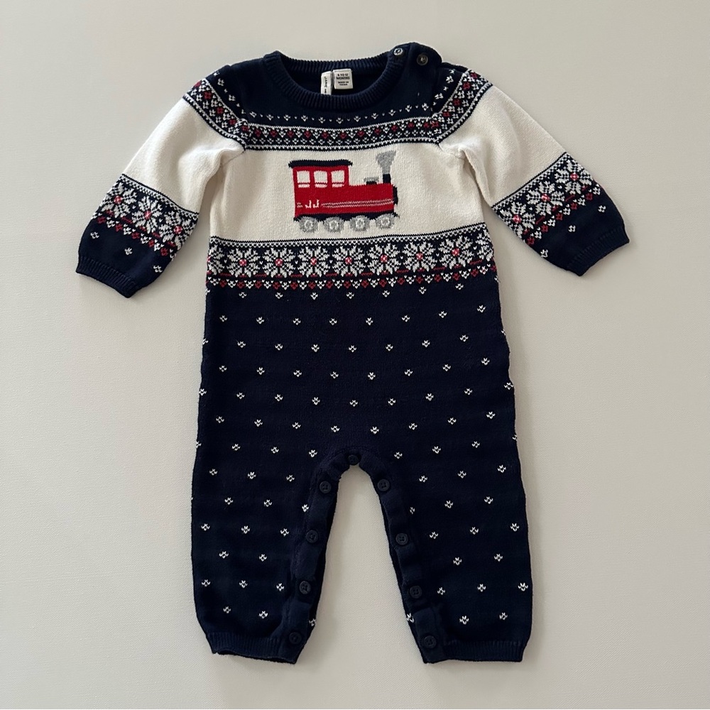 Janie and Jack 6-12 Months Baby Boy Train Romper Holiday Christmas Fair Isle